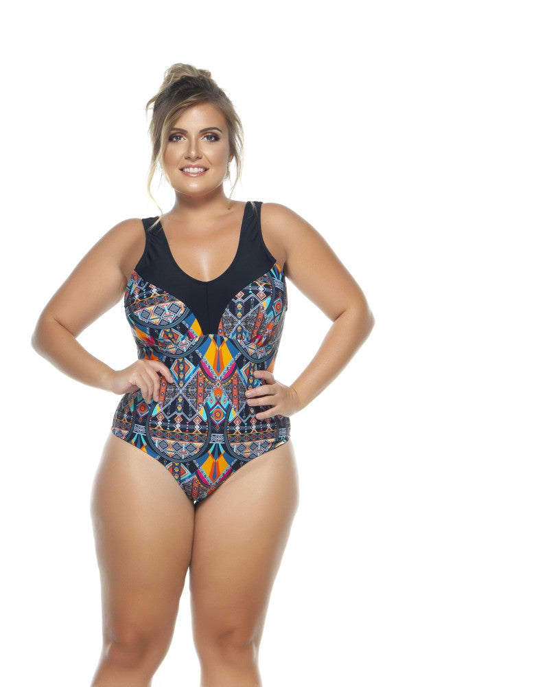 Front of a model wearing a size 20 Swimsuit With Detail In Necklace in Black by Lehona. | dia_product_style_image_id:267733